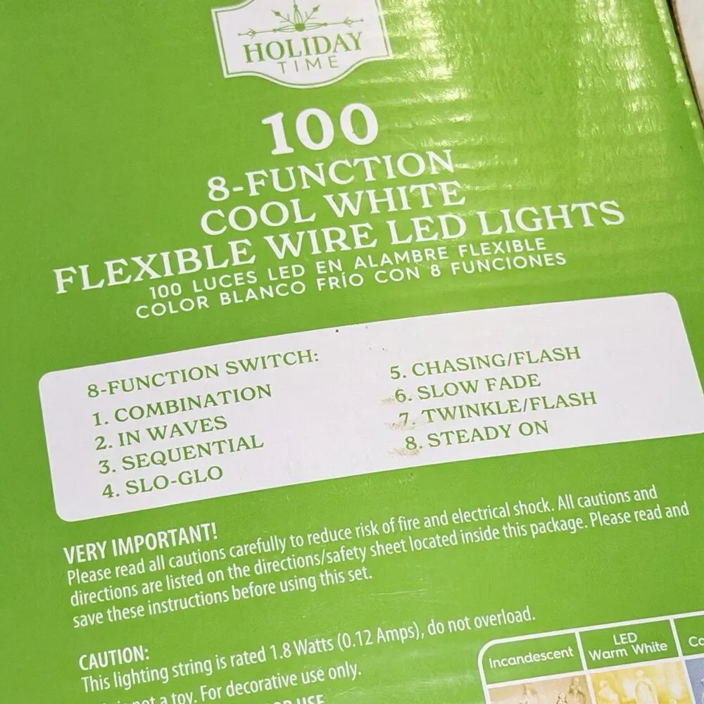 Holiday Time 8 Function Cool White Flexible Wire LED Christmas - 100 Lights New